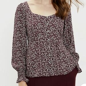 LOFT Princess Neck Burgundy Floral Blouse With Smocked Sleeves